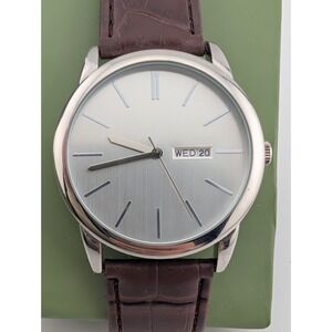 Goodfellow & Co Men's Watch 42mm Silver Case Brown Band w/ Box- New Battery
